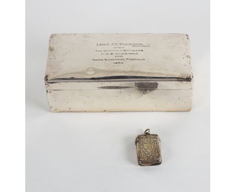 A silver cigarette box, marks rubbed, inscribed to Lieut. JL Fletcher from the Captain and Officers HMS Maidstone and Third S