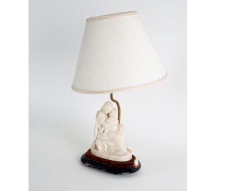 A table lamp mounted with an alabaster figure of a mother and child, alabaster element 18.5cm high