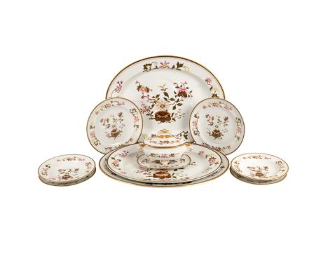 A Royal Worcester part dinner service, decorated chinoiserie flowers and gilt, comprising a sauce tureen, cover and stand, el