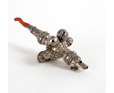A child's Victorian silver rattle, George Unite, Birmingham 1875 with bells and coral teether CONDITION REPORT: Overall condi