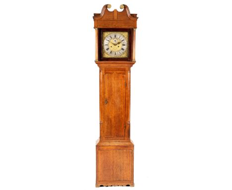 An oak eight-day longcase clock, Samuel Whalley, Manchester, the square brass dial with silvered chapter ring, subsidiary sec