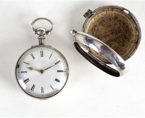 A Victorian silver pair cased pocket watch, London 1843, with white enamel dial and Roman numerals