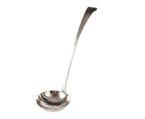 An Irish provincial hook end silver ladle, Joseph Johns, Limerick circa 1760, with fluted scalloped bowl, foliate engraved st