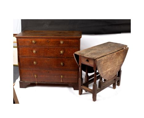 A George III oak chest of four graduated long drawers on bracket feet, 100cm wide and a small  oak gateleg table, 90cm/Proven