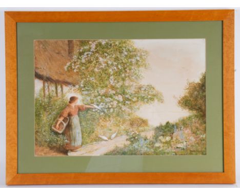Fred Hines (British act. 1875-1922)/Woman Feeding Doves by a Cottage/watercolour, 39cm x 57.5cm/R Bowman/Botanical Study/wate