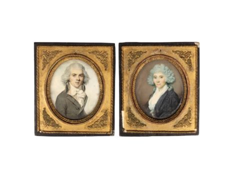 18th Century French School/Portrait Miniatures of a Gentleman and His Wife/both bust length, he wearing a grey coat, striped 