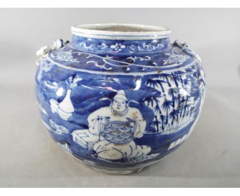 A rare Chinese blue and white earthenware vase, depicting 'The seven scholars of the bamboo grove' or 'Seven Sages, possibly 