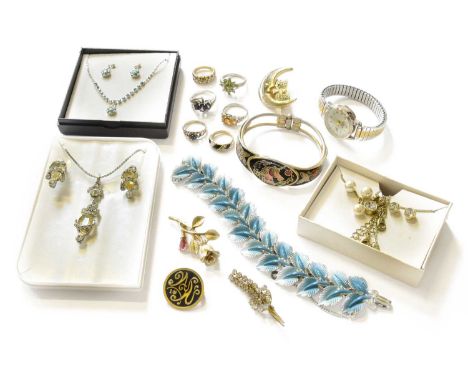 A Quantity of Costume Jewellery, including silver gem-set rings, pendant and earring suites, a beaded bag, bangles, a compact