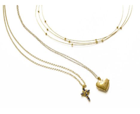A Triple Row Necklace, stamped '375', length 40.5cm; A Cross Pendant on A 9 Carat Gold Chain, pendant length 2.0cm, chain len