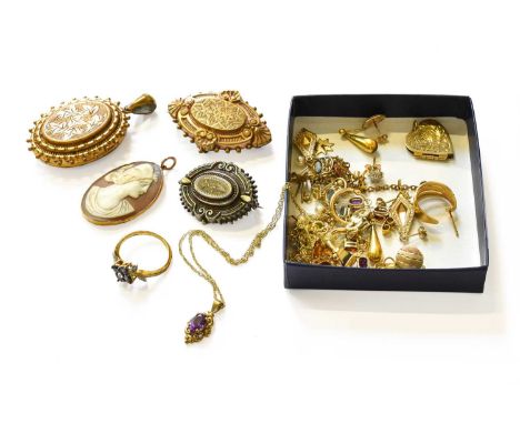 A Quantity of Jewellery, including a silver synthetic sapphire and diamond cluster ring, finger size O, a cameo pendant, a gi