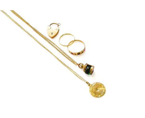 A Small Quantity of Jewellery, including a heart-shaped padlock clasp, stamped '9' and '.375'; two rings, indistinctly marked