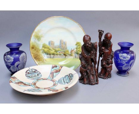 A Royal Worcester Plate, A Royal Cauldon Pedestal Dish, A Pair of Blue Glass Vases and A Pair of Japanese Carvings 