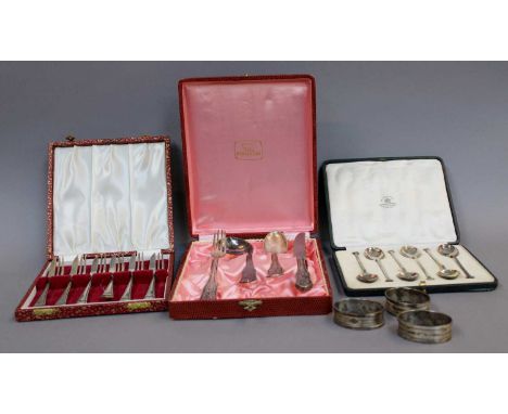 A Mappin &amp; Webb Set of Six Silver Teaspoons, together with Three Silver Napkin Rings, EPNS Cake Fork Set and A Child's Cu