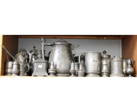 A Collection of 18th Century and Later Pewter, mainly hollow wares including steins, tankards, teapots, Royles Patent self po