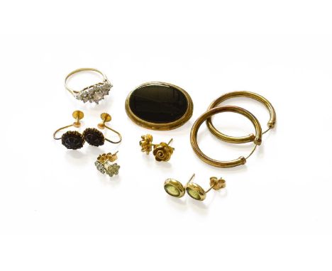 A Small Quantity of Jewellery, including a 9 carat gold cubic zirconia cluster ring, finger size L; a pair of 9 carat gold fl