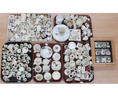 A Collection of Crested China, including Goss, Carlton and Arcadian; Yorkshire Coaster, Hair Tidy, Bolton Trotter, puzzle jug