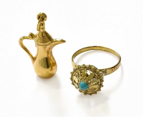 A Turquoise Ring, stamped '14K', finger size Q; and A Charm, stamped '750'Ring - 3.3 grams. Charm - 2.9 grams.
