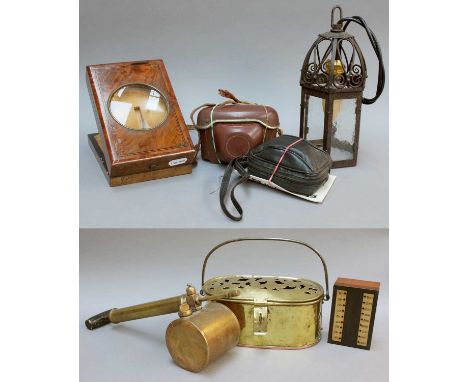 A Victorian Walnut Postcard Viewer, a brass footwarmer, a brass greenhouse spray, a cribbage box/marker, a small lantern, and