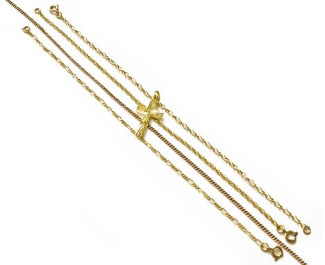 Three 9 Carat Gold Bracelets, of varying designs and lengths; A Chain, stamped '9CT', length 43.2cm; and A 22 Carat Gold Cros