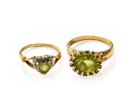 A 9 Carat Gold Peridot and Diamond Cluster Ring, finger size K; and Another Peridot Cluster Ring, stamped '14K', finger size 