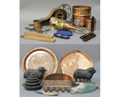 A Collection of 19th Century and Later Metalwares, including a set of brass and copper measures, clockwork spit jack, nest of