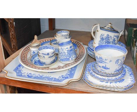 A Collection of Spode Willow Pattern Porcelain, A Large Copeland Blue Printed Willow Pattern Serving Platter, other blue and 