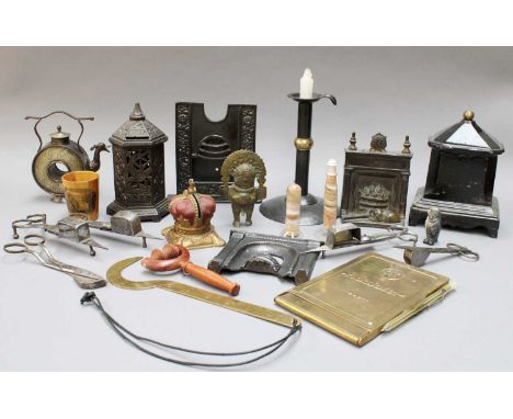 A Quantity of Assorted Metalware Items etc, including candle snuffers, a Queen Elizabeth II Coronation money box, brass Addia