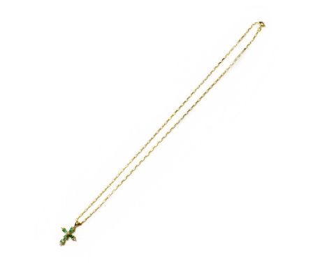 A 18 Carat Gold Emerald and Diamond Cross Pendant on Chain, the cross motif set throughout with pear cut emeralds and round b