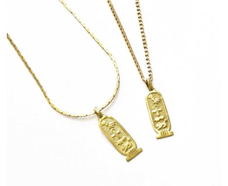 A 9 Carat Gold Pendant on Chain, pendant length 3.5cm, chain length 51.5cm; and Another Similar 9 Carat Gold Pendant on Chain