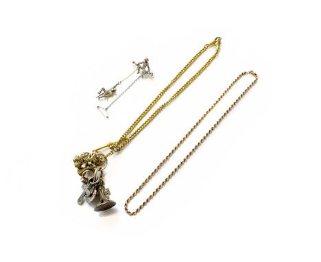 A 9 Carat Gold Rope Twist Chain, length 45.5cm; A Chain with Attached Seal Fobs; and A Monkey Brooch 9 carat gold chain - 5.7