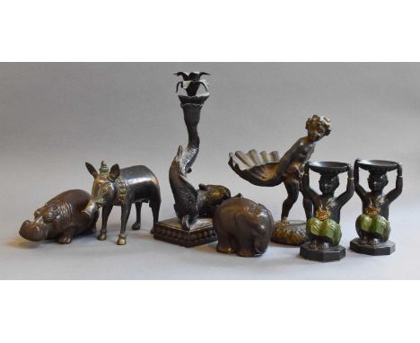 A Bronzed Dolphin Form Candlestick, A Reproduction Figural Bowl (a/f), Patinated Metal Animal Models, including Hippo, Elepha