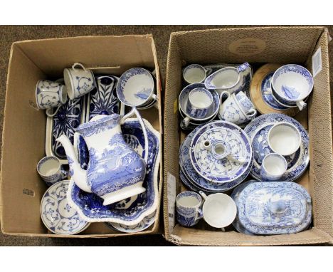 A Collection of 19th Century and Later Blue and White Dinner and Teawares, including Copeland, Spode, Italian (two boxes)