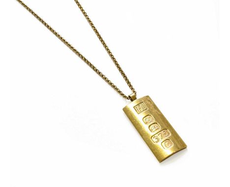 A 9 Carat Gold Ingot on Chain, pendant length 4.7cm, chain length 56.5cmGross weight 22.4 grams.