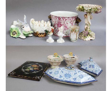 Various Decorative Items, including: a reproduction twin-handled porcelain pail, a Coalport parcel-gilt shell bowl, a 19th ce