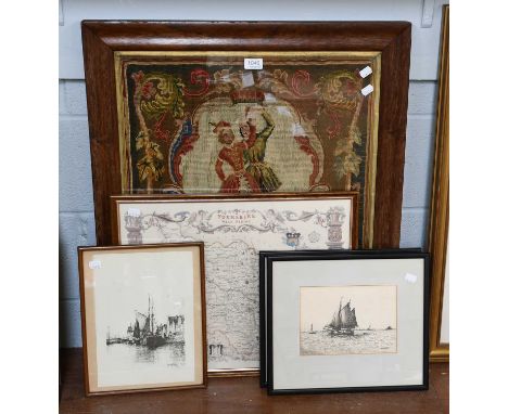 A Victorian Woolwork Picture of Figures Country Dancing, A Reproduction Framed Map and Other Prints (5)