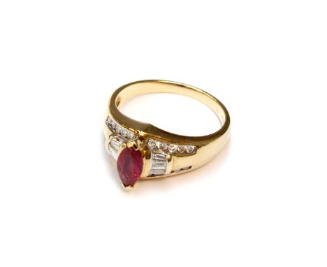 A Synthetic Ruby and Diamond Ring, stamped '18KT', finger size M1/2Gross weight 5.0 grams.