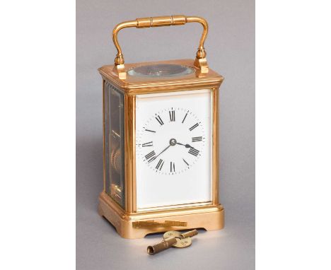 A Brass Striking Carriage Clock, circa 1900, twin barrel movement with a later platform lever escapement, 16.5cm high (over h