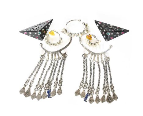 Yves Saint Laurent, a Pair of Multicoloured Paste Set Earrings, the black triangular plaque set throughout with multi-coloure
