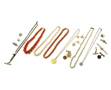 A Quantity of Jewellery, including an aquamarine bar brooch, stamped '9CT', length 7.1cm, a pendant on chain, pendant length 