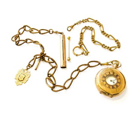 A Gold Plated Half Hunter Pocket Watch, the plated chain with attached 9 Carat Gold Pencil and a 9 Carat Gold Medal, and Anot