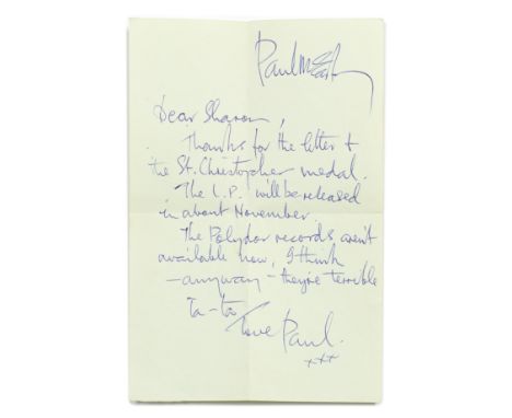 The Beatles: A Letter To A Fan From Paul McCartney And Related Items,1963,comprising: a letter addressed to 'Sharon', in blue