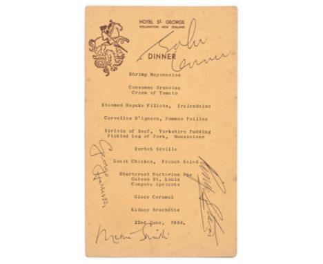 The Beatles: An Unusual Autographed Menu, St. George Hotel, Wellington, New Zealand,22nd June 1964,the orange card menu signe