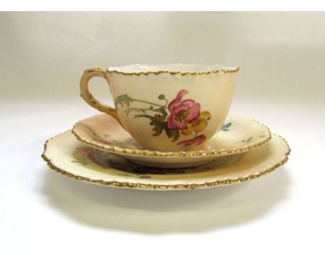 A Royal Worcester blush ivory Trio, circa 1908, decorated with floral sprays, puce marks (3) CONDITION REPORT: Light rubbing 