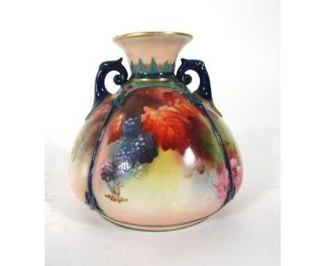 A Royal Worcester "Hadleys" two handled vase, date code for 1907, decorated with blackberries and leaves, green painted facto