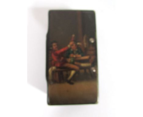 A 19th century papier mache snuff box decorated with a tavern scene to the top, l. 8 cm CONDITION REPORT: Rubbing to the edge