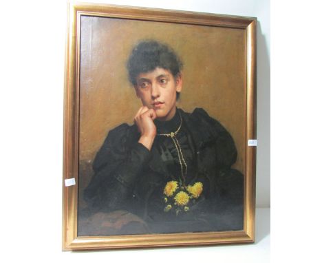 Attributed to Dame Laura Knight, Portrait of a lady in black holding a hat with yellow roses, oil on canvas, 75 cm x 60 cm, P