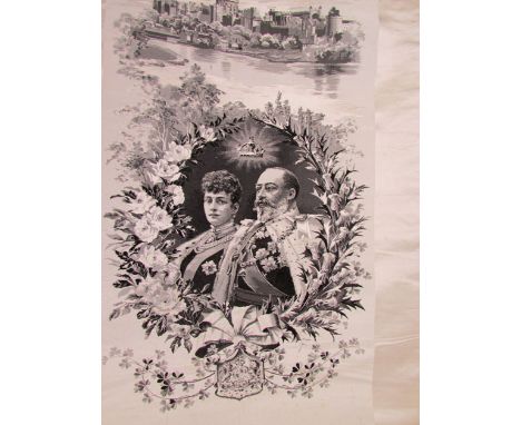 A woven silk portrait of George V and Queen Alexandra in black on an ivory silk background beneath a view of Windsor Castle, 