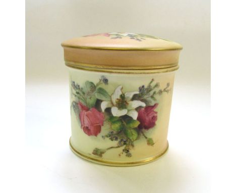 A Royal Worcester blush ivory cylindrical box and cover, 1916, decorated with roses and lilies, puce factory marks, 8cm CONDI