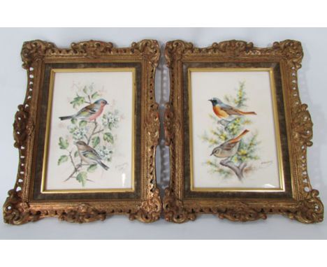 A pair of Royal Worcester plaques, signed E. Townsend, one dated 1975, painted with country birds in branches, gilt factory m