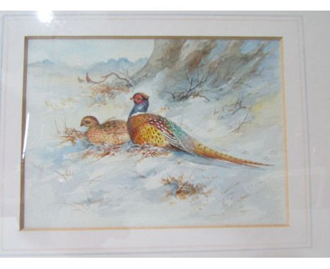 James Stinton (Royal Worcester artist), pheasants seated before trees in snow, signed lower right, watercolour, 11 cm x 14 cm